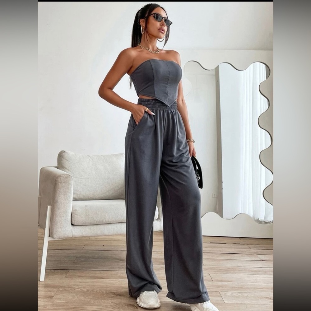 Shirred Back Bandana Hem Crop Tube Top & Pants